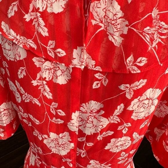 Lulu’s Ximena Coral Red Floral Print Ruffled Short Sleeve Mini Dress sz M EUC - Picture 14 of 16